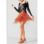 cheap Competition Dress-Women's Latin Dancewear - Black &amp; Orange Rhinestone Mesh Long Sleeve Bodysuit with Rhythmic Tassel Hem for Performance