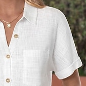 economico Bluse Semplici-Camicia da donna in 100% cotone camicie di lino camicia da spiaggia camicia con bottoni patchwork taschino di colore solidale semplice vacanza moda casual a maniche corte colletto ribaltabile top