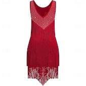 cheap Competition Dress-Women's Black Latin Ballroom Dance Wear - Rhinestone Sheer Mesh Sleeveless Bodysuit with Rhythmic Tassel Hem for Performance