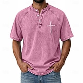 preiswerte Vintage&amp;amp;Retro-Herren Kreuz Jeans hemden Hemd aus 100 % Baumwolle in Säurewaschung Henley Oberteil Kurzarm Vintage Lässig Betrübt Lässig Heim Straße Frühling &amp; Sommer Herbst Winter Sommer Schwarz Rosa Leicht Grün