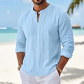 preiswerte Urlaub-Herren Hemd Leinenhemd Sommerhemd Strandhemd Einfarbig Lässig Urlaub Blau Schwarz Weiß Khaki Langarm Mandarinkragen Sommer Bekleidung Gerafft