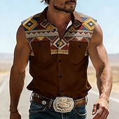cheap Men's Western Shirts-Men's Geometric Pattern Ethnic Western Shirt Cowboy Shirt Sleeveless Shirt Sleeveless Western Style Vintage Retro Outdoor Work Causal Summer Spring Turndown 3D Print Work Shirts Blue Army Green Brown