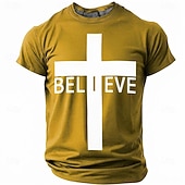  Believe Christian Cross Men's Minimalist Religious Spiritual T Shirt Graphic Crew Neck Short Sleeve Church Worship Gift for Believers Designer Clothing Apparel