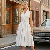 preiswerte Kleider-1950er Retro Vintage Rockabilly Midlänge Kleid Swing-Kleid Ausgestelltes Kleid Kurze Ärmel Einfarbig Tupfen Tailliert und ausgestellt Schaukel V Ausschnitt Kostüm Damen Lässig Party Alltagskleidung