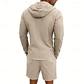 billige Linskjorte i bomull-Herre Linskjorte 2 deler Popover skjorte Og Shorts Lin Shorts Strandshorts Sett عادي Daglig utendørs Feriereise Med hette Langermet Sommer Mote Fritid Bekvem Klær