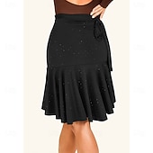 abordables Faldas Latinas-Falda negra asimétrica con volantes para baile latino de mujer - ropa brillante para practicar actuaciones de salsa y cha-cha