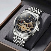 abordables Montres à quartz-Montre homme à cadran bleu, montre-bracelet de luxe à phases de lune, montre analogique bicolore en acier inoxydable avec volant squelette &amp;Coffret cadeau, cadeau élégant et étanche pour homme, argent
