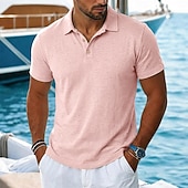 economico Polo Classico da Uomo-Per uomo Camicia di lino Polo Casuale Vacanza Classico Manica Corta Vacanza Moda Semplice Testurizzato Bottoni Estate Primavera Vestibilità regolare azzurro cielo Nero Rosa Verde Azzurro Camicia di