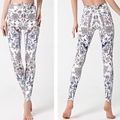 voordelige Yoga leggings en panty's-Dames Pilatesbroek Yogabroek Billenlift met ruche Hoge taille Sportschooltraining Hardlopen Fitness Legging Kleding Onderlichaam Flora Amethist Wit Blauw Sport Sportkleding Hoge Elasticiteit