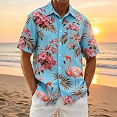 economico Uccelli &amp; Animali-Per uomo Fenicottero Uccello Fiori tropicali Camicie hawaiane Camicie tropicali Camicia Aloha Manica Corta Hawaiano Vacanza al Mare Estate Collo ripiegato Stampa 3D Una tasca anteriore Camicie con