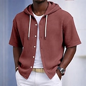 preiswerte Smart Casual Hemden für Herren-Herren Hemd Waffelhemd Freizeithemd Knopfhemd Schwarz Weiß Hellgrün Marineblau Purpur Kurzarm Einfarbig Einfach Mit Kapuze Lässig Täglich Fronttasche Bekleidung Elegant Mode Lässig