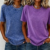  Confezioni multiple 2 pezzi Per donna Girocollo Manica Corta Viola + Blu Maglietta Set di magliette Camicia 100% cotone lavaggio acido Lavato Casuale Spiaggia Cotone