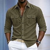 baratos Camisas casuais inteligentes masculinas-Homens Camisa Social Camisa casual Camiseta de Veludo camisa de botão Azul Vermelho Marron Verde Azul Escuro Manga Longa Tecido Colarinho de Camisa Casual Diário Bolso frontal Roupa Elegante Moda