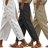 preiswerte Luxusunterteile-3er-Pack Damenhosen, Sommerhosen, Freizeithosen, Urlaubshosen, Basic-Hosen, knöchellang, natürliches, schlichtes Design, Seitentaschen, seitliche Knöpfe, bequem, atmungsaktiv, nicht elastisch, ideal für Wochenendausflüge