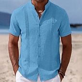 billiga Semester-Herr Skjorta Linneskjorta Sommarskjorta Strandskjorta Hawaii skjorta Ensfärgat Ledigt Dagligen Blå Mörkgul Svart Marinblå Kortärmad Krage Vår &amp; sommar Sommar Kläder Rynkad