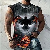 Maglietta senza maniche da uomo nera con stampa integrale di corvo e corvo dalle ali spiegate, fuoco, fiamme, fumo, stile gotico, fantasy, rock, vestibilità aderente, casual, palestra, abbigliamento