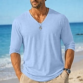 お買い得  コットンリネンTシャツ-男性用 ティートップ 長袖シャツ リネンTシャツ 長袖 Ｖネック 夏 春 春夏 純色 平織り 日常 カジュアル ストリートスタイル 平織り カジュアル アウトドア ストリート ライトブルー レイクブルー ブラック メンズトップTシャツ