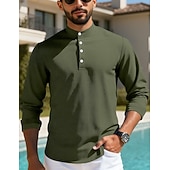 preiswerte Lässiges Henley-T-Shirt-Herren T Shirt Waffel-Henley-Hemd Henley Hemd Langarmshirt Langarm Henley Sommer Frühling Einfach Mode Streetwear Freizeit Knöpfe Lässig Täglich Urlaub Blau Schwarz Weiß Top T-Shirt für Herren