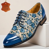 cheap Elemental Dress Shoes-Men's Blue Floral Oxford Shoes Lace-Up Dress Shoes Elegant Statement Footwear for Wedding Guests, Banquets, Parties, Prom and Formal Evening Wear