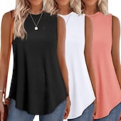 billiga Enkel tank-Multipack 3st Dam Rund hals Ärmlös Svart + Rosa + Vit Stridsvagn Väst Ärmlös tröja Slät Ledigt Dagligen Polyester Sommar