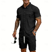 baratos Camisa Algodão Linho-Homens Camisa de linho 2 Peças Conjunto de camisa E Bermuda Cargo Calção Shorts de linho Definir Tecido Diário Ao ar livre Férias Aberto para a Lateral Manga Curta Verão Moda Casual Confortável Roupa