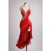 economico abito da competizione-Abito da ballo latino da donna rosso con strass, scollo a V profondo e frange, abito da competizione per balli da sala
