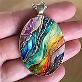abordables Cadeaux-Collier pendentif ovale en verre, style rétro tendance, orné d'un ciel étoilé coloré et onirique, pour femmes et hommes. Bijou accessoire pour le cou.