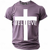  Believe Christian Cross Men's Minimalist Religious Spiritual T Shirt Graphic Crew Neck Short Sleeve Church Worship Gift for Believers Designer Clothing Apparel