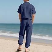 cheap Cotton Linen Shirt-Men's Linen Shirt 2 Piece Shirt Set And Cargo Pants Linen Pants Trousers Set Plain Casual Daily Outdoor Turndown Short Sleeves Summer Fashion Casual Comfortable Clothing Apparel