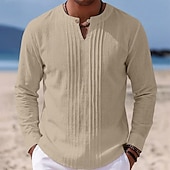 olcso Vakáció-Férfi Ing Vászon ing Nyári póló Stranding Tömör szín Hétköznapi Vakáció Medence Fekete Fehér Khakizöld Hosszú ujj Mandarin gallér Nyár Tavasz Ruházat Fodrozott