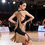 voordelige Oefen Jurken-Latijns-Amerikaanse salsa dansjurk met kwastjes, mouwloze rumba- en sambadansjurk voor dames.