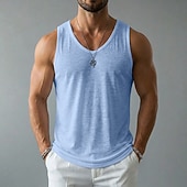 billige Treningsskjorter uten armer-Herre Linne Tank Top Ermeløs skjorte Wifebeater skjorte Ermeløs Crew-hals V-hals Sommer Vår Alle årstider عادي Mote Grunnleggende Bohemsk Tynn Myk Ren Avslappet Strand Feriereise Blå Svart Hvit Topp