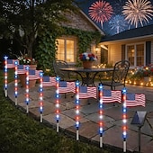 billiga Pathway Lights &amp; Lanterns-8 anslutna i 1 solcellsdrivna amerikanska flagggångslampor röda, vita och blå trädgårdsljus för 250-årsfirandet av självständighetsdagen patriotiska vattentäta LED-trädgårdsdekorationer för utomhusbruk, 4 juli och minnesdagen.