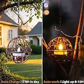 ieftine Lumini de cale și lanterne-Lumânări solare metalice cu sferă de lumină, lumini decorative suspendate din fier forjat, lumini LED solare pentru exterior, lumini pandantive pentru grădină și terasă, potrivite pentru grădini,