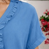 お買い得  シャツ-女性用 シャツ コットンリネンシャツ サマーシャツ ボタンアップシャツ 前で結ぶ ラッフル パッチワーク 純色 平織り 旅行度假风 ファッション カジュアル 半袖 Ｖネック レギュラートップス ストリートウェア ビーチ 祝日 ブルー 夏 春 秋