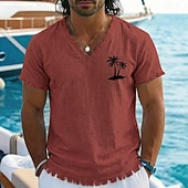 abordables Translation-T-shirt homme style bohème côtier vintage, imprimé palmiers tropicaux, en coton et lin, col V, ourlet brut effiloché, coupe ample, idéal pour la plage, les vacances en bateau. Tailles S, M, L, XL,