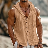 preiswerte Urlaub-Herren Hemd Leinenhemd Sommerhemd Strandbekleidung Knopfhemd Kapuzenhemd Einfarbig Urlaub Straße Blau Schwarz Weiß Gelb Ärmellos Mit Kapuze Sommer Frühling Bekleidung