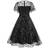 cheap Dresses-1950s Retro Vintage Midi Dress Swing Dress Flare Dress Short Sleeves Embroidered Leaf Fit &amp; Flare Swing Round Neck Fancy Dress Women's Casual Evening Party Tea Party Adults' Dress Spring &amp; Summer