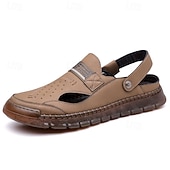 billiga Avslappnade sandaler-Men's Brown Faux Leather Adjustable Strap Mules Summer Casual Slip-On Shoes for Outdoor, Vacation and Daily Wear