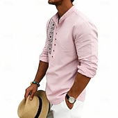 cheap Vacation-Men's Shirt Linen Shirt Popover Shirt Summer Shirt Beach Shirt Geometric Casual Vacation Black White Pink Navy Blue Long Sleeve Stand Collar Summer Spring Clothing Apparel Buttons