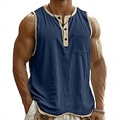 tanie Tank topy sportowe-Męskie Koszula lniana Bezrękawnik Kamizelka Top Podkoszulki Bez rękawów Henley Lato Wiosna Równina Moda Designerskie Podstawowy Kieszeń Guziki Codzienny Urlop Ulica Czarny Rumiany róż Granatowy Top