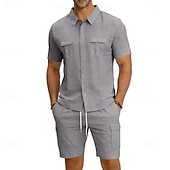 baratos Camisa Algodão Linho-Homens Camisa de linho 2 Peças Conjunto de camisa E Bermuda Cargo Calção Shorts de linho Definir Tecido Diário Ao ar livre Férias Aberto para a Lateral Manga Curta Verão Moda Casual Confortável Roupa