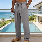 cheap Holiday-Men's Linen Pants Trousers Summer Pants Baggy Pants Drawstring Elastic Waist Straight Leg Plain Comfort Breathable Full Length Daily Outdoor Holiday Fashion Classic Style Blue White Micro-elastic
