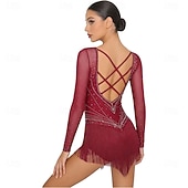 cheap Competition Dress-Women's Burgundy Latin Dance Dress - Rhinestone Mesh Long Sleeve Rhythmic Tassel Costume for Ballroom &amp; Competition
