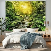 cheap Wall Tapestries-Nature Forest Wall Tapestry Sunrays Sunlight Through Trees Landscape Wall Hanging Misty Woodland Mossy Pine Forest Scenery Large Fabric Poster for Bedroom Living Room Zen Decor