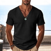 abordables Camisetas de Algodón y Lino-Hombre Camiseta Camisa manga corta Camiseta superior Camiseta de lino Manga Corta Escote en Pico Escote Primavera verano Verano Primavera Color sólido Plano Ropa de calle Elegante Ocio Clásico Puro