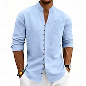 baratos Clássico-Homens Camisa Social Camisa de linho camisa de verão camisa de praia Tecido Casual Férias Preto Branco Rosa Azul Marinha Manga Longa Faixa Verão Primavera Roupa Bolsos
