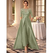 رخيصةأون بدلات الأم-أفرول طول الأرض فستان أم العروس 3/4 الكم جوهرة أنيق حفلة ضيف حفل زفاف حفلة الزفاف ساتان مع زينة لون صلب