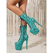 preiswerte Plattformstiefel-Damen-Plateau-Kniestiefel mit Schlangenmuster in Türkis – 20 cm hoher Absatz, Schnürung, ideal für Pole Dance &amp;Nachtclub-Partystiefel