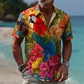 baratos Pássaros &amp; Animais-Homens Pássaro Flores tropicais Papagaio Camisa Social Camisas havaianas Camisas tropicais Manga Curta Havaiana Praia Férias Verão Primavera Aberto para a Lateral Impressão 3D Camisas de botões Azul